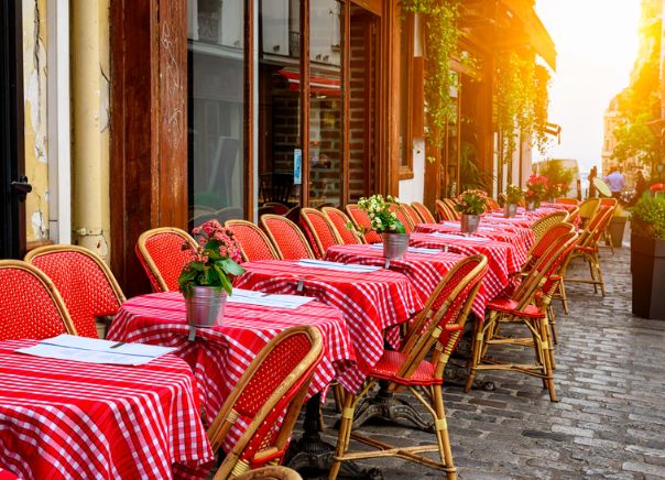 Restaurant tables with red tablecloths